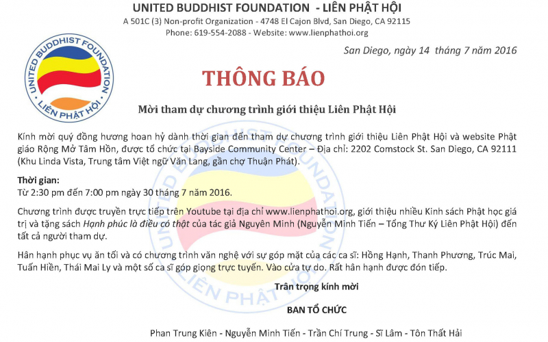 Thông báo chương trình giới thiệu Liên Phật Hội tại Bayside Community Center